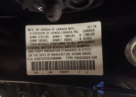 2018 Honda Civic Lx из США, поврежденный, VIN 2HGFC2F55JH584684